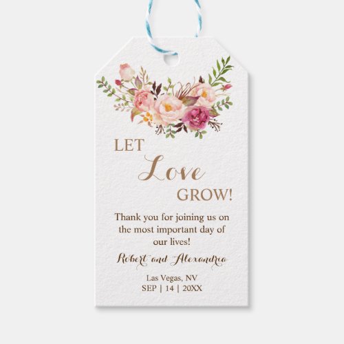 Let Love Grow Pink Floral Wedding Favor Gift Tags