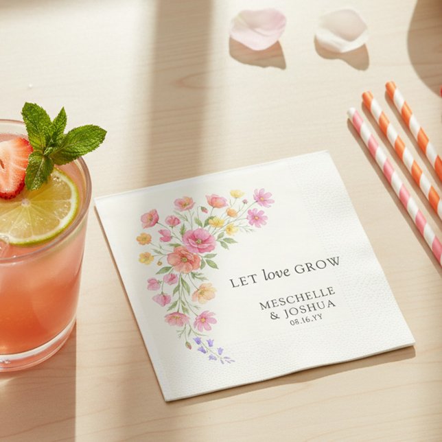 Let Love Grow Pink Orange Flowers Wedding Napkins (Let love Grow pretty napkins from the Wildflower Bloom wedding collection by Darling & May)