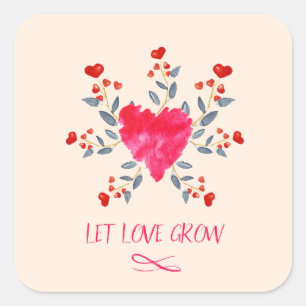 Let Love Grow Romantic Watercolor Hearts Square Sticker