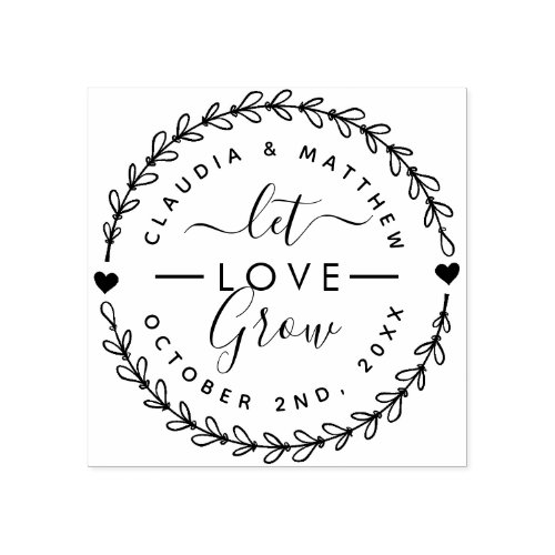 Let Love Grow Round Wreath Elegant Wedding Date Rubber Stamp