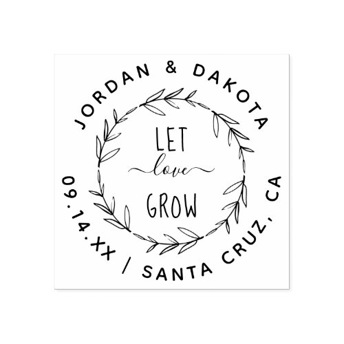 Let Love Grow  Rustic Hand Drawn Wreath Wedding Rubber Stamp