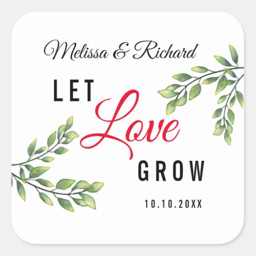 Let Love Grow Watercolor Greenery Wedding Square Sticker