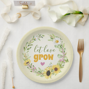 Let Love Grow Wildflower Sunflower Bridal Shower Paper Plates