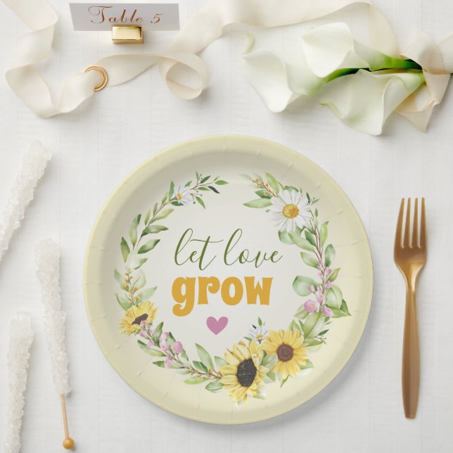 Let Love Grow Wildflower Sunflower Bridal Shower Paper Plates (Wedding)