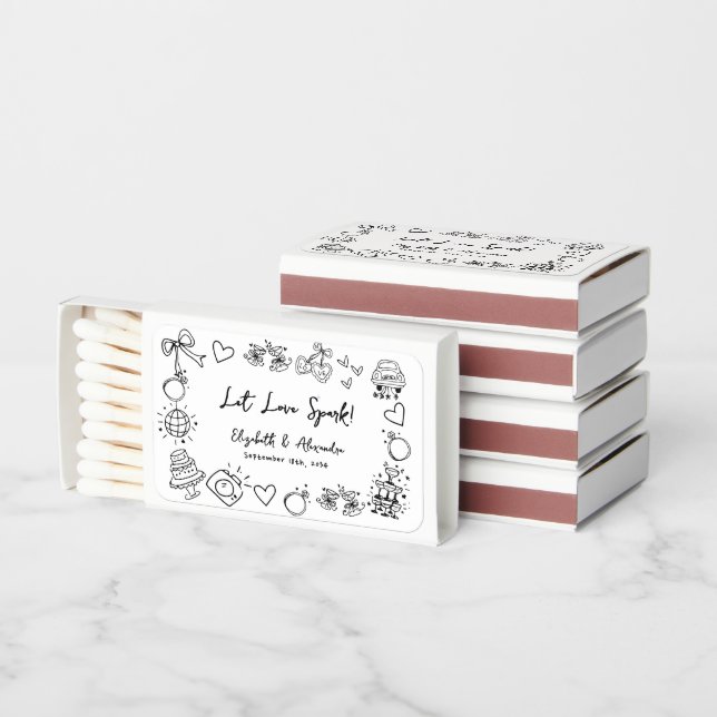 Let Love Spark Hand Drawn Quirky French Wedding Matchboxes (Stacked)