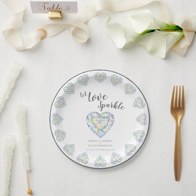 Let love sparkle diamond heart watercolor wedding paper plates (Wedding)