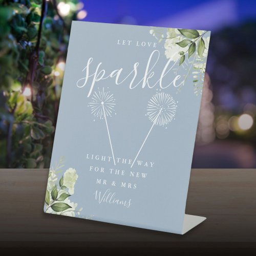 Let Love Sparkle Floral Dusty Blue Wedding Pedestal Sign