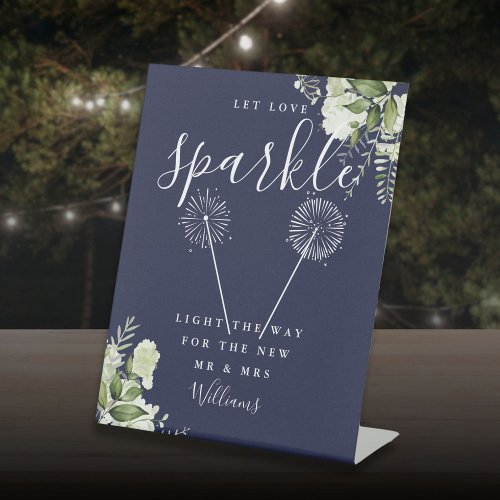 Let Love Sparkle Floral Navy Blue Wedding Pedestal Sign