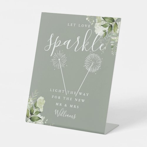 Let Love Sparkle Floral Sage Green Wedding Pedestal Sign
