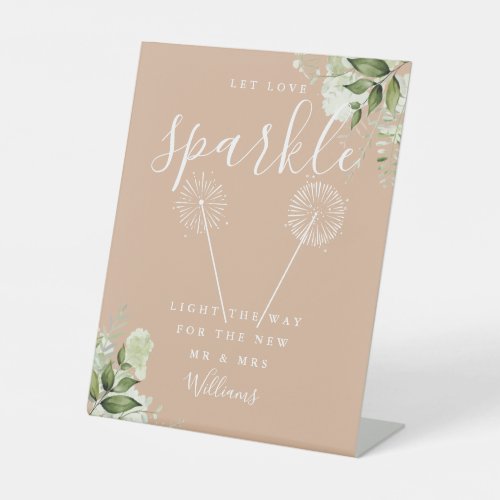 Let Love Sparkle Floral Tan Wedding Pedestal Sign