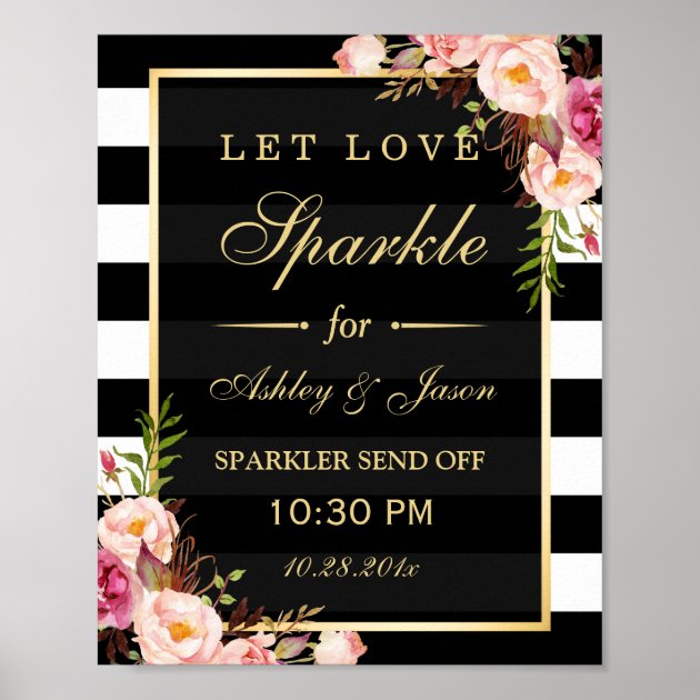 Let Love Sparkle Gold Floral Stripes Wedding Sign