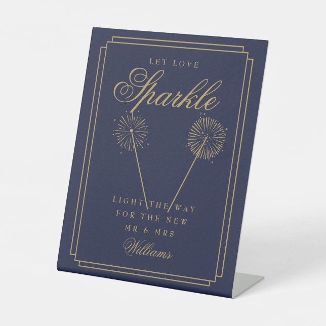 Let Love Sparkle Navy Blue And Gold Art Deco Pedestal Sign (Front)