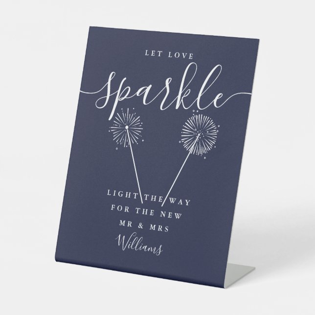 Let Love Sparkle Navy Blue Signature Script Pedestal Sign (Front)