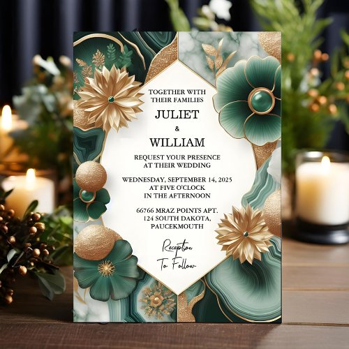 Let Marble Monstera Emerald Green And Gold Wedding Invitation