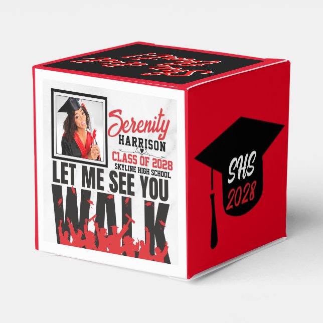 Let Me See you WALK | Red & Black Graduation Photo Favor Boxes (Back Side)
