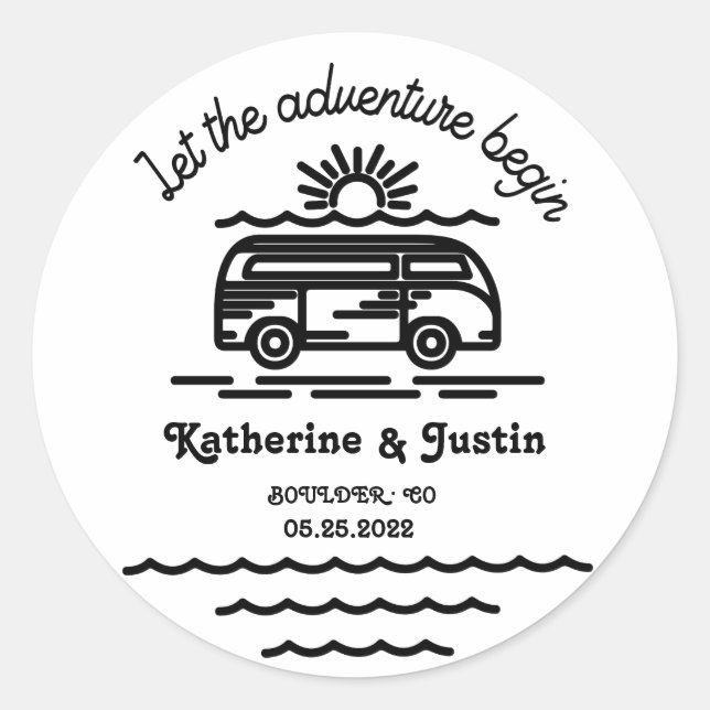 let our adventure begin wedding monogram classic round sticker (Front)