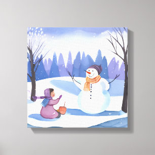 Let’s Build a Snowman Watercolor Winter Painting Canvas Print