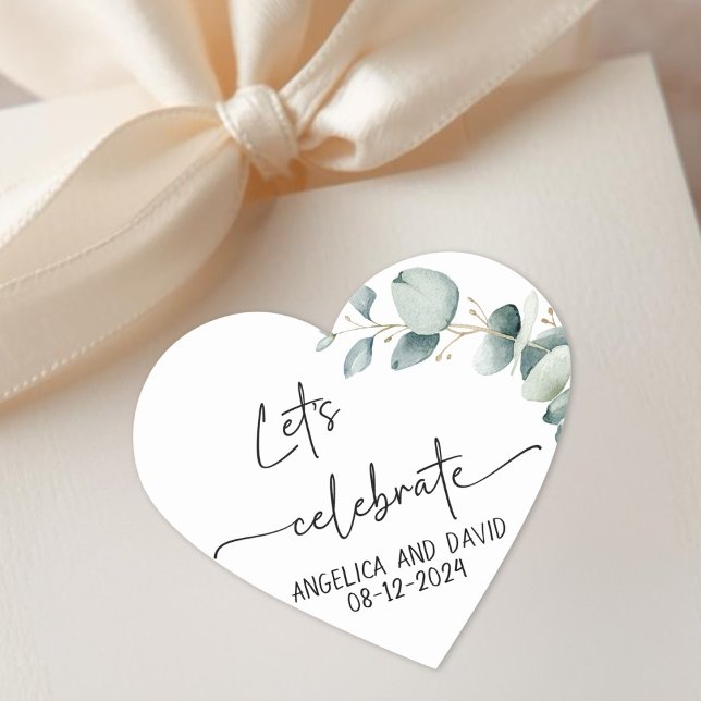 Let’s Celebrate name date eucalyptus modern Heart Sticker (Let’s Celebrate name date eucalyptus modern Heart Sticker)