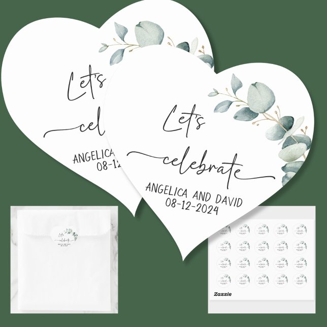 Let’s Celebrate name date eucalyptus modern Heart Sticker (Creator Uploaded)
