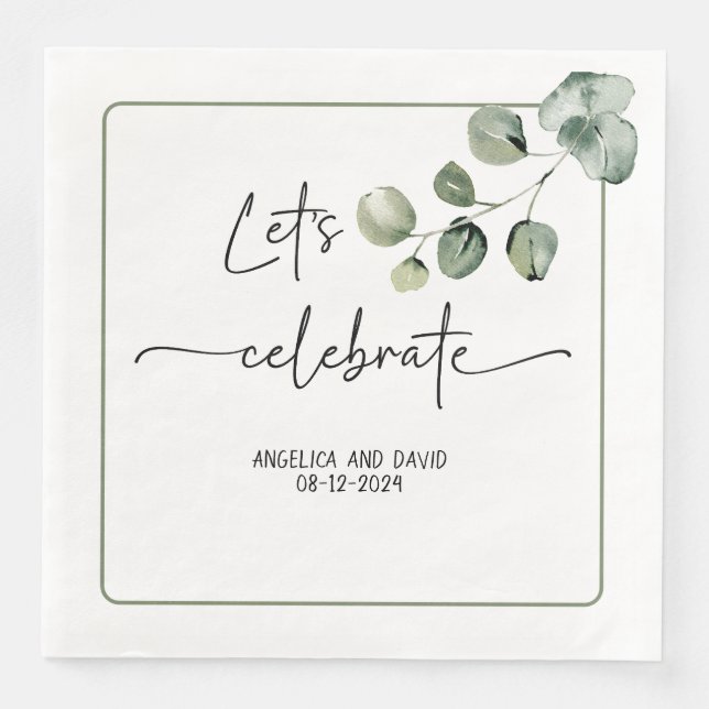 Let’s Celebrate name date eucalyptus modern Paper Dinner Napkins (Front)
