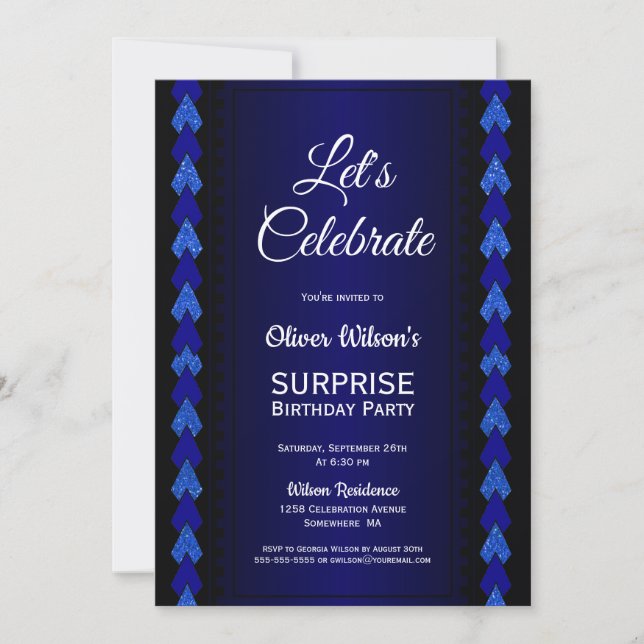 Let’s Celebrate Surprise Birthday Black Blue Party Invitation (Front)