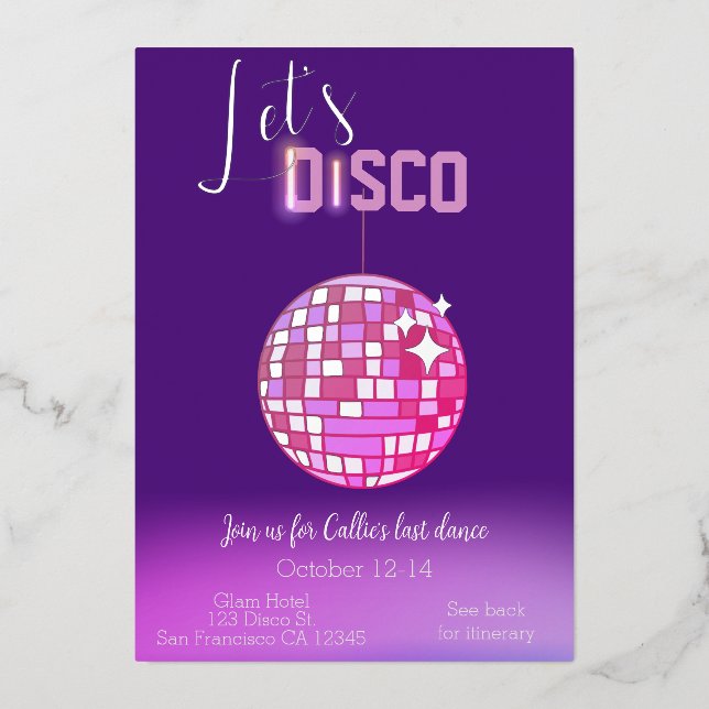 Let’s Disco Neon Bachelorette  Foil Invitation (Front)