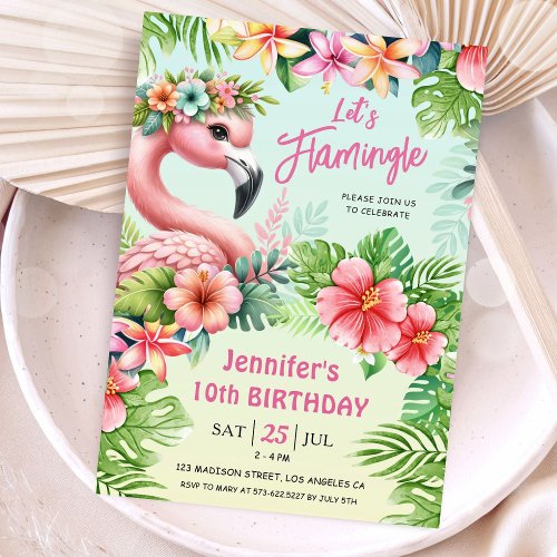 Lets Flamingle Girls Pink Flamingo 10th Birthday  Invitation