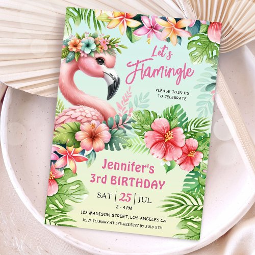 Lets Flamingle Girls Pink Flamingo 3rd Birthday  Invitation