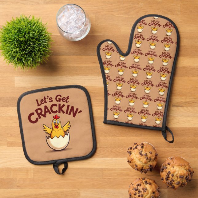 Let’s Get Crackin’ Funny Chicken Farm Pun Oven Mitt & Pot Holder Set (Top Down)