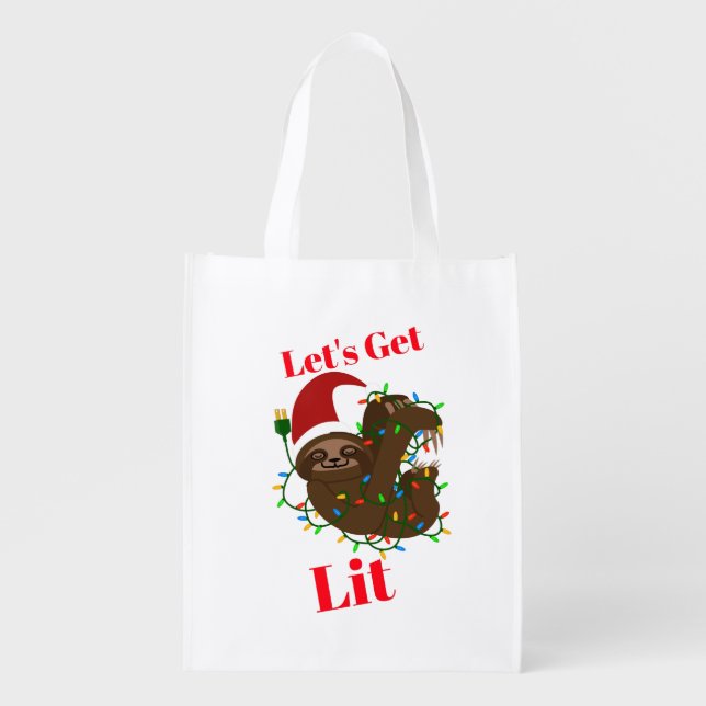 Let’s Get Lit Christmas Sloth  Grocery Bag (Front)