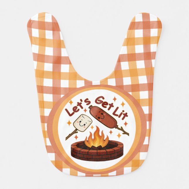 Let’s Get Lit Firepit – Cute Marshmallow & Hot Dog Baby Bib (Front)