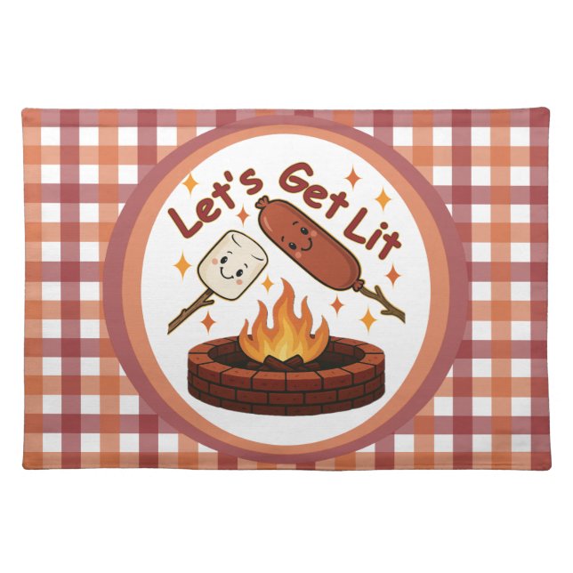 Let’s Get Lit Firepit – Cute Marshmallow & Hot Dog Cloth Placemat (Front)