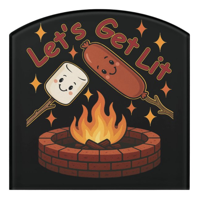 Let’s Get Lit Firepit – Cute Marshmallow & Hot Dog Door Sign (Contour Front)