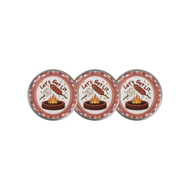 Let’s Get Lit Firepit – Cute Marshmallow & Hot Dog Golf Ball Marker (3 Up)
