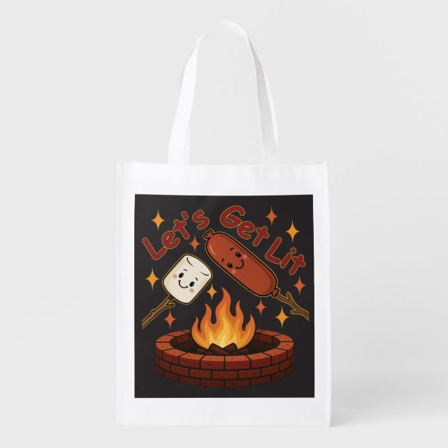 Let’s Get Lit Firepit – Cute Marshmallow & Hot Dog Grocery Bag (Front)