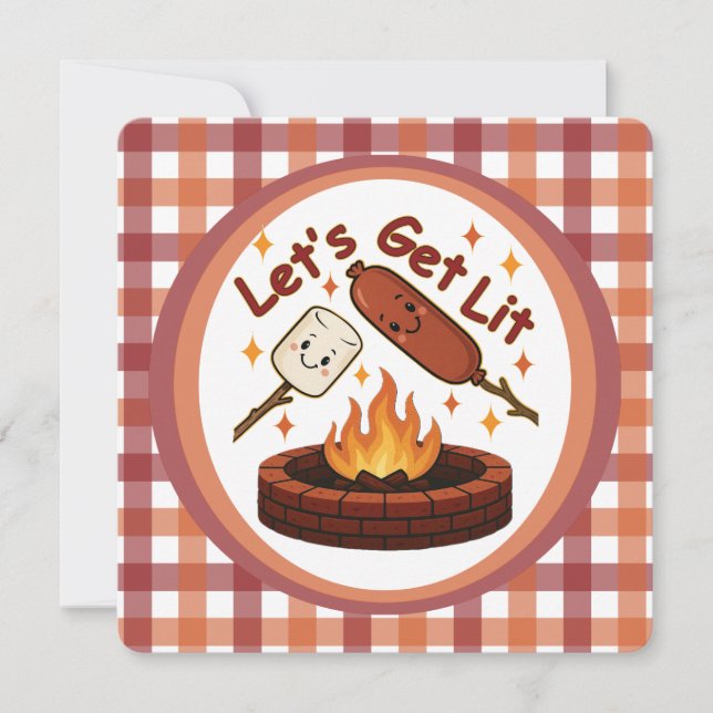 Let’s Get Lit Firepit – Cute Marshmallow & Hot Dog Invitation (Front)