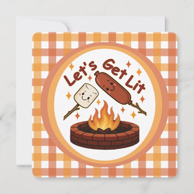 Let’s Get Lit Firepit – Cute Marshmallow & Hot Dog Invitation (Front)