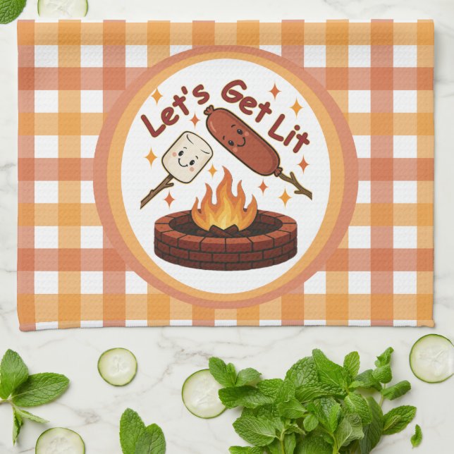 Let’s Get Lit Firepit – Cute Marshmallow & Hot Dog Kitchen Towel (Folded)