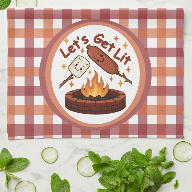 Let’s Get Lit Firepit – Cute Marshmallow & Hot Dog Kitchen Towel (Folded)