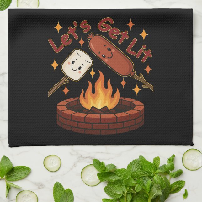 Let’s Get Lit Firepit – Cute Marshmallow & Hot Dog Kitchen Towel (Folded)