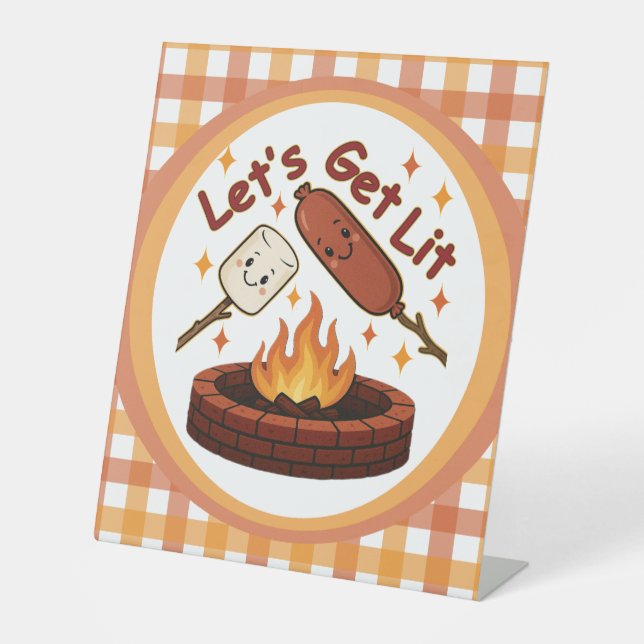 Let’s Get Lit Firepit – Cute Marshmallow & Hot Dog Pedestal Sign (Front)