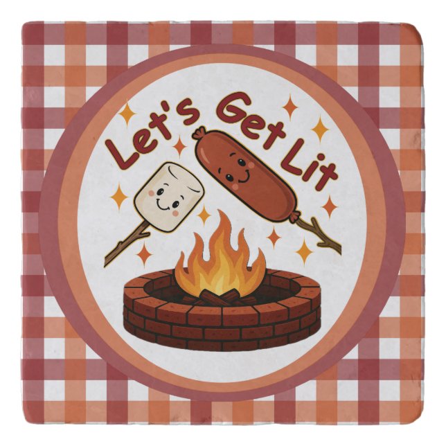 Let’s Get Lit Firepit – Cute Marshmallow & Hot Dog Trivet (Front)