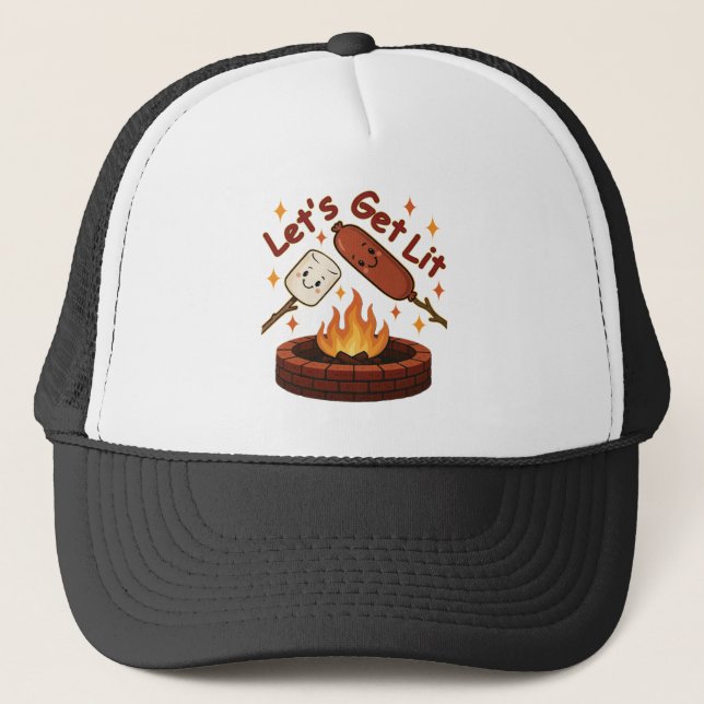 Let’s Get Lit Firepit – Cute Marshmallow & Hot Dog Trucker Hat (Front)