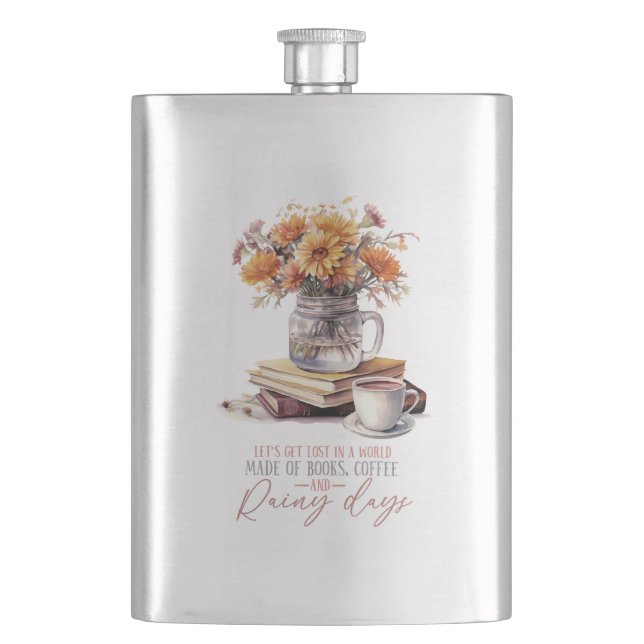 Let’s Get Lost – Books, Coffee & Rain Rustic Flask (Front)