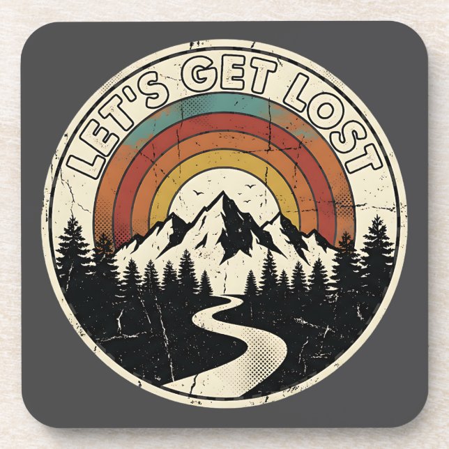 Let’s Get Lost Retro Mountain Adventure Outdoor Beverage Coaster (Front)