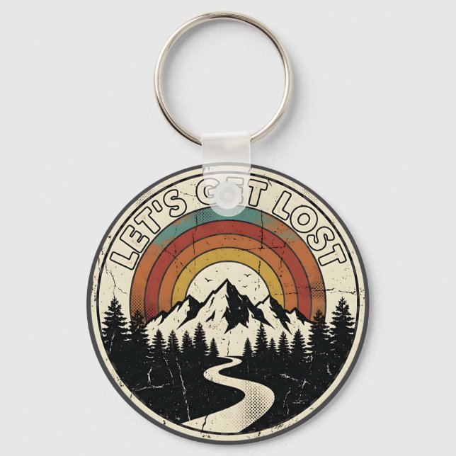 Let’s Get Lost Retro Mountain Adventure Outdoor Keychain (Front)