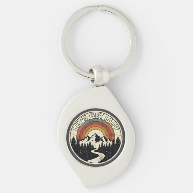 Let’s Get Lost Retro Mountain Adventure Outdoor Keychain (Front)