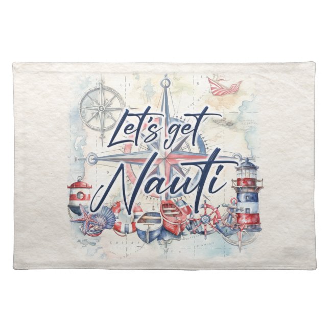 Let’s Get Nauti Nautical Coastal Beach Boat Theme Cloth Placemat (Front)