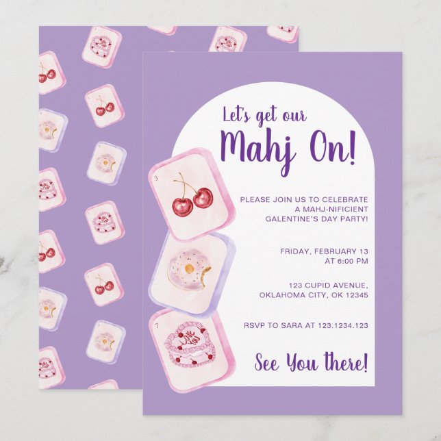 Let’s Get Our Mahj On Purple Galentine’s Day Invitation (Front/Back)