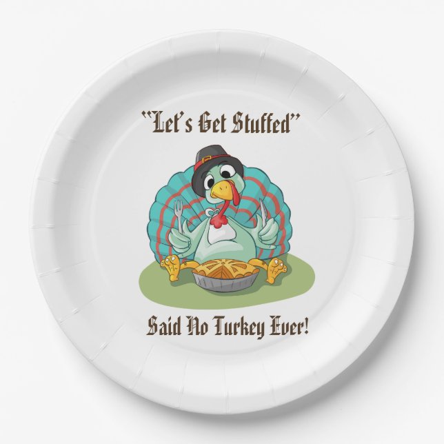 Let’s Get Stuffed Thanksgiving Holiday Turkey Paper Plates (Front)